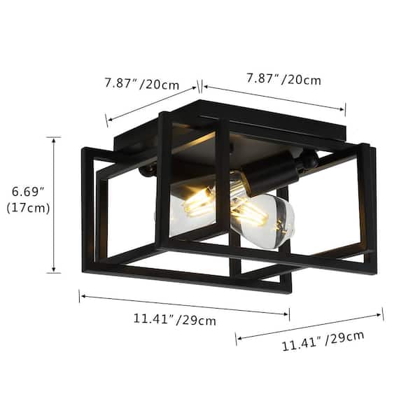11.41 in. 2-Light Black Farmhouse Caged Square Flush Mount Industrial Vintage Ceiling Lighting