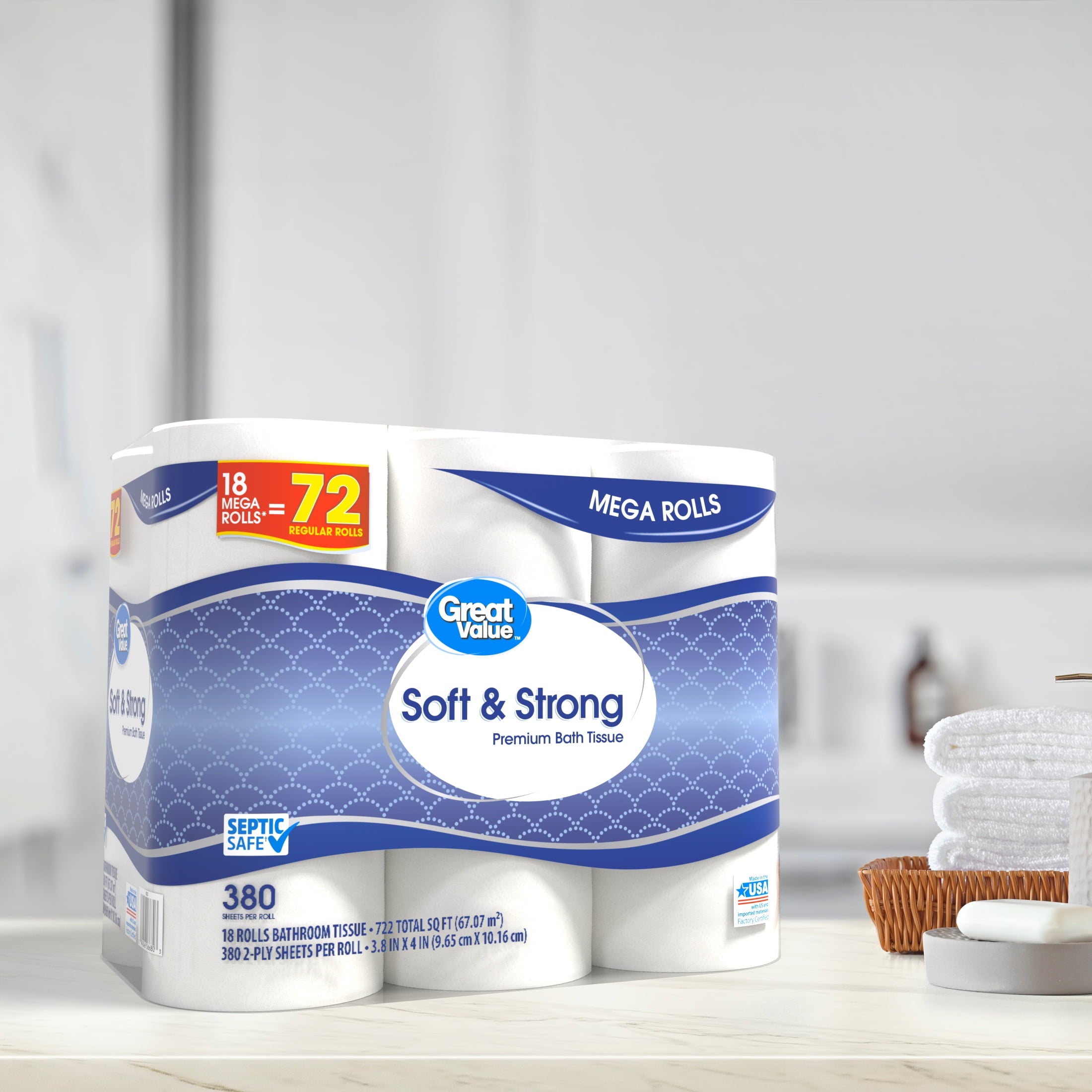 Great Value Soft & Strong Premium Toilet Paper, 18 Mega Rolls
