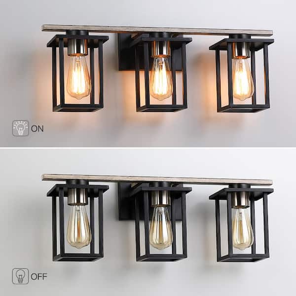 24.4 in. 3-Light Matt Black/Wood Tone Rustic Farmhouse Bathroom Vanity Light with Open Cage Shades
