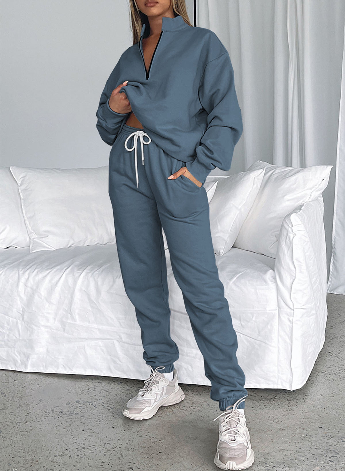 Aleumdr Women's Lounge Sets Long Sleeve Pullover Long Sweatpants Two Piece Outfit Tracksuit Sweatsuits Jogger Set Blue XL