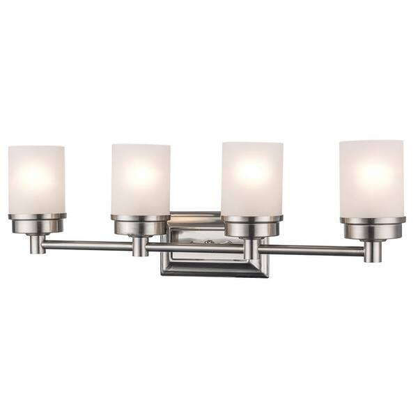 Fusion 27.5 in. 4-Light Brushed Nickel Bathroom Vanity Light Fixture with Frosted Glass Shades