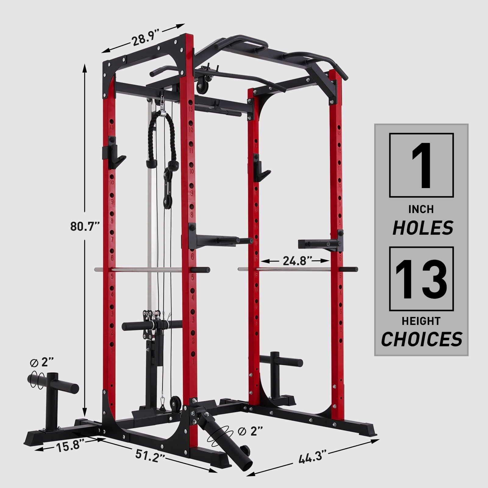 MJDB Power Cage with LAT Pulldown System,1200LBS Weight Capacity Power Rack Cage, Multi-Functional Squat Rack with 13-Level Adjustable Heights and J-Hooks, Dip Bars, Gym Equipment (Upgraded)
