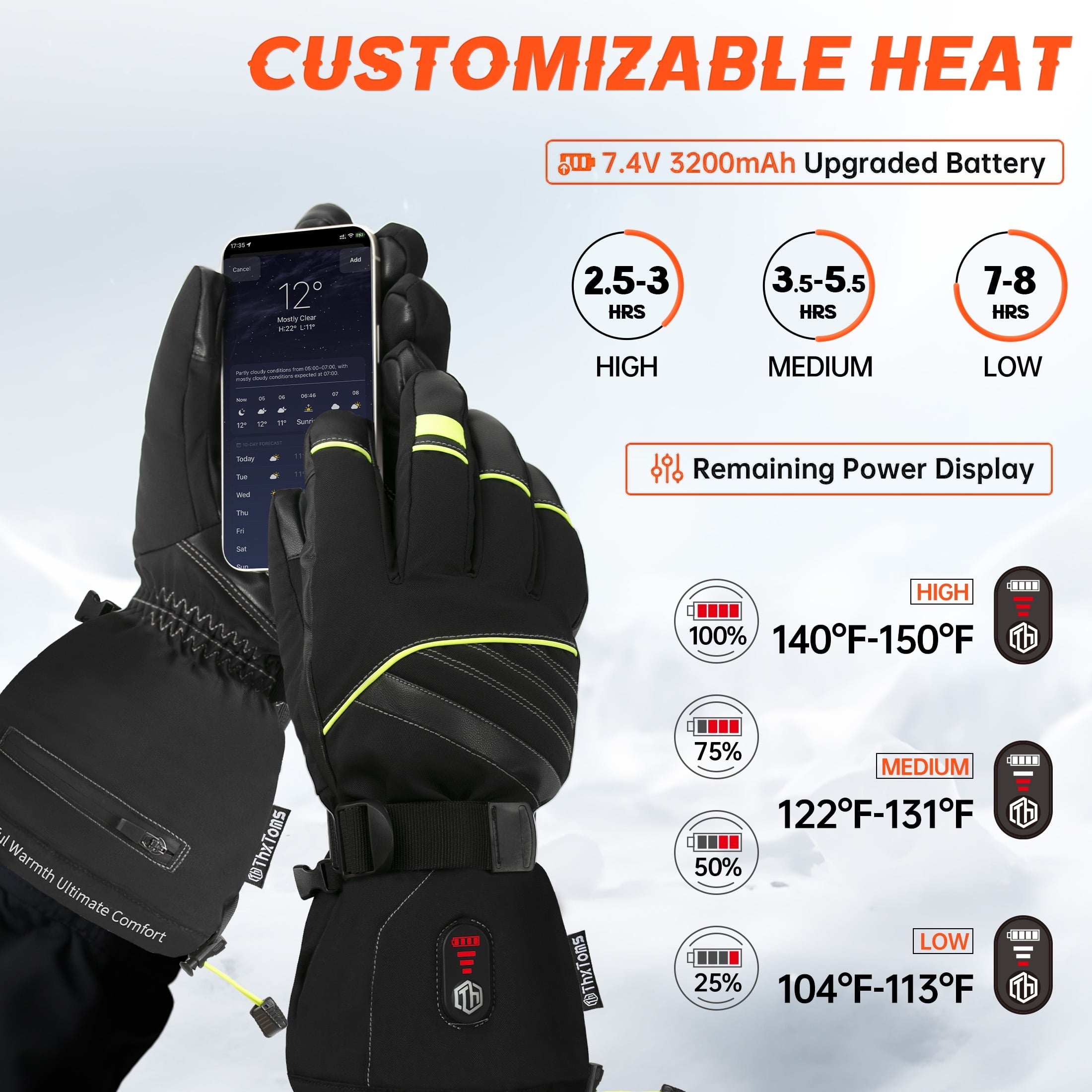 ThxToms Heated Gloves for Men Women, Rechargeable Waterproof Touchscreen Heating Work Gloves, Upgraded Battery,7.4V 3200mAh, Ski Motorcycle Snowboard Hiking Camping Winter Cold Weather Gloves, M