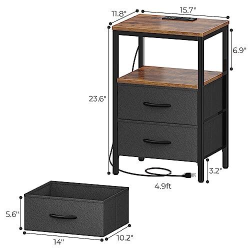 END TABLE with Charging Station Drawer Nightstand Bedside Rustic Brown HUUGER