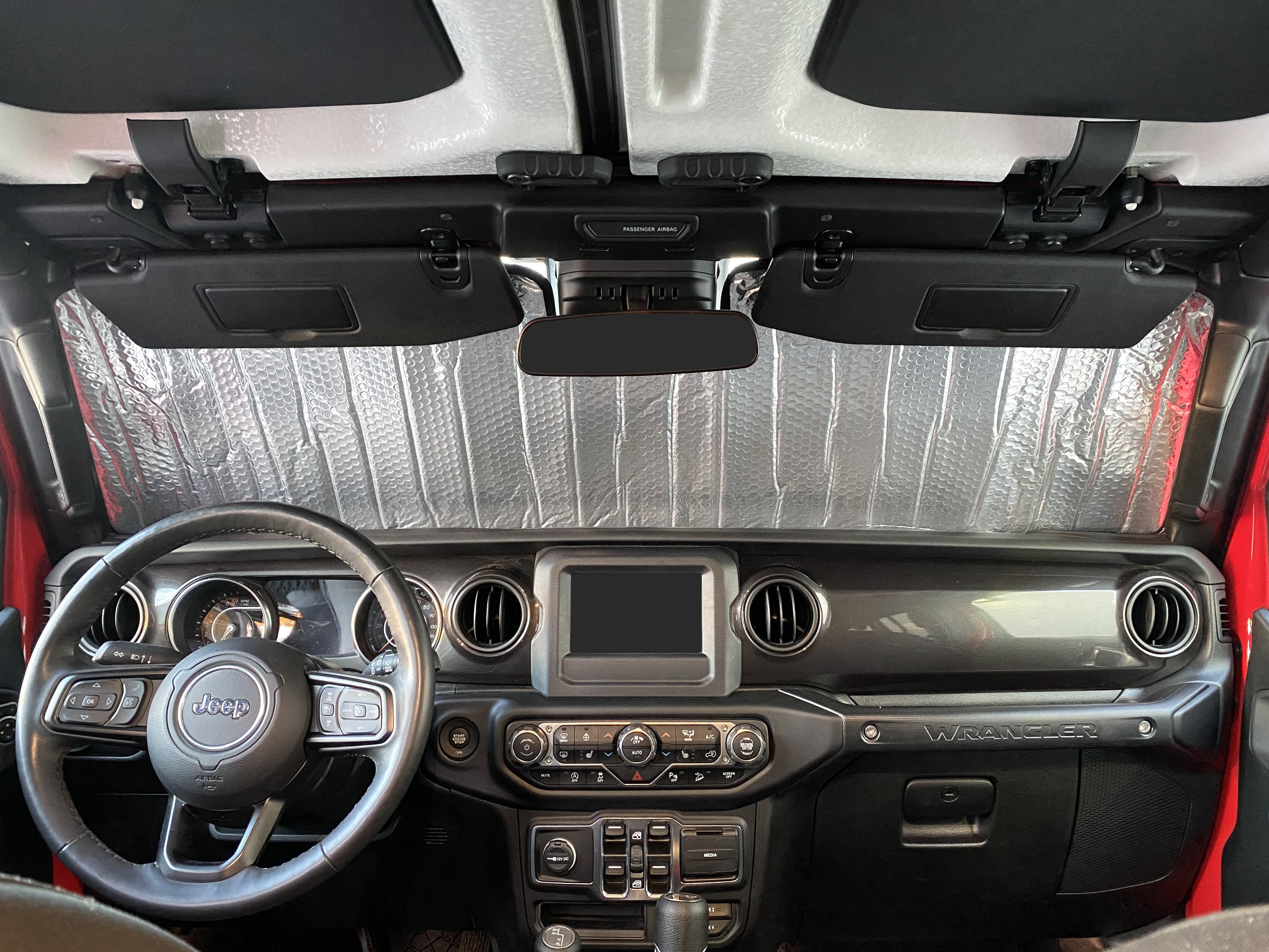 Windshield Sunshade for 2018-2024 Jeep Wrangler 4 Door - w/ Rearview Mirror on Windshield