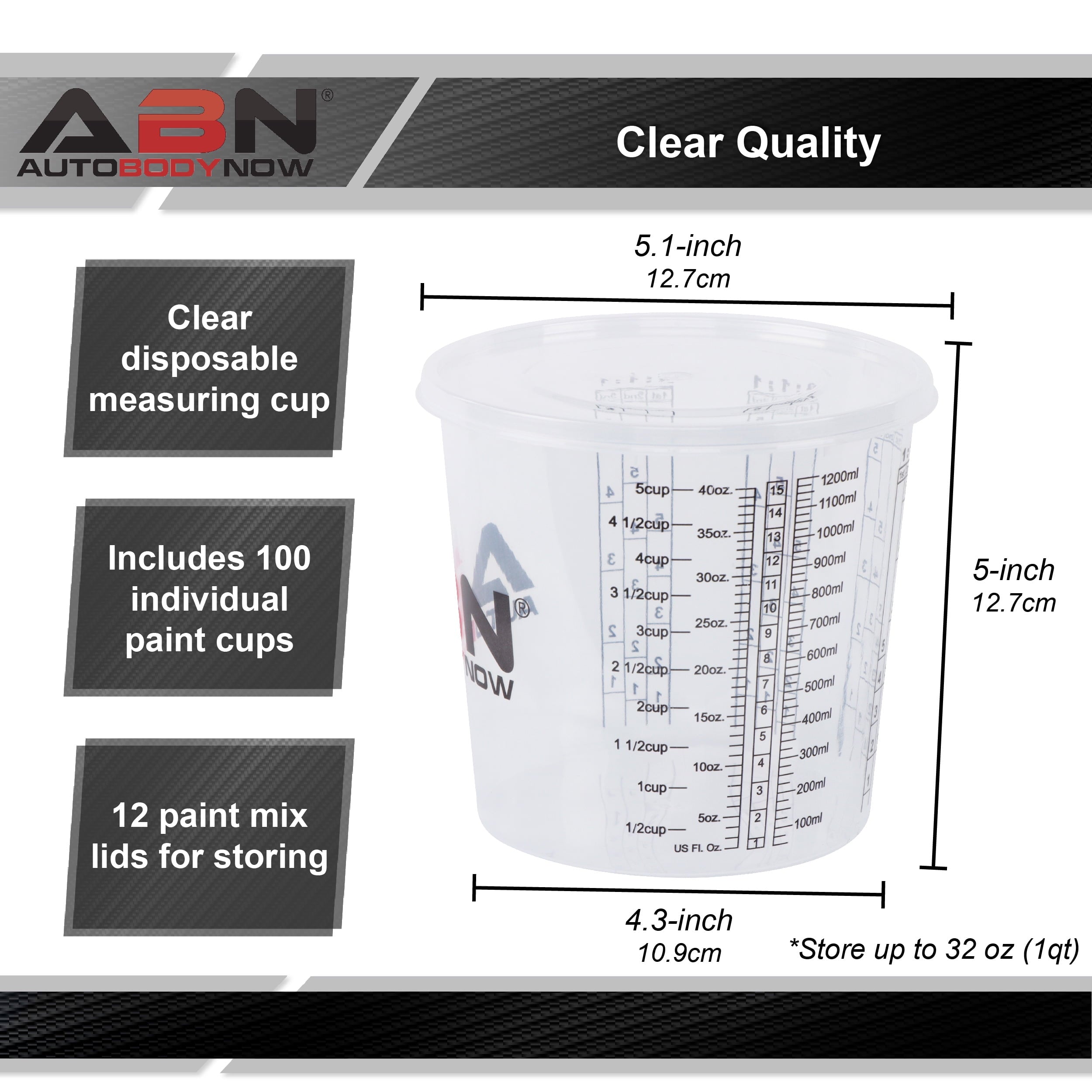 ABN 32 Oz 1000ml Quart Disposable Flexible Clear Graduated Plastic Mixing Cups with Lids 100 Pack Use for Paint, Resin, Epoxy, Art, Kitchen, Baking - Measuring Ratios 1:1, 2:1:1, 3:1:1, and 4:1:1