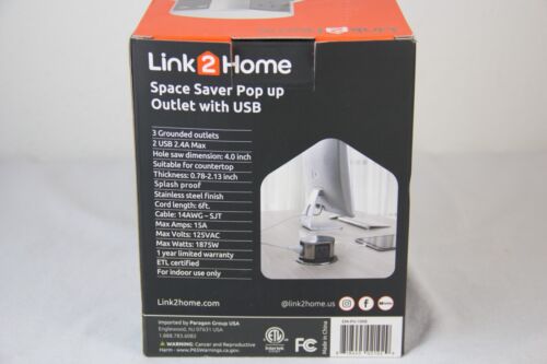 Link2Home Space Saver Pop Up Outlet 3Power Outlets 15A 2USB Ports 2.4A B286 *NEW