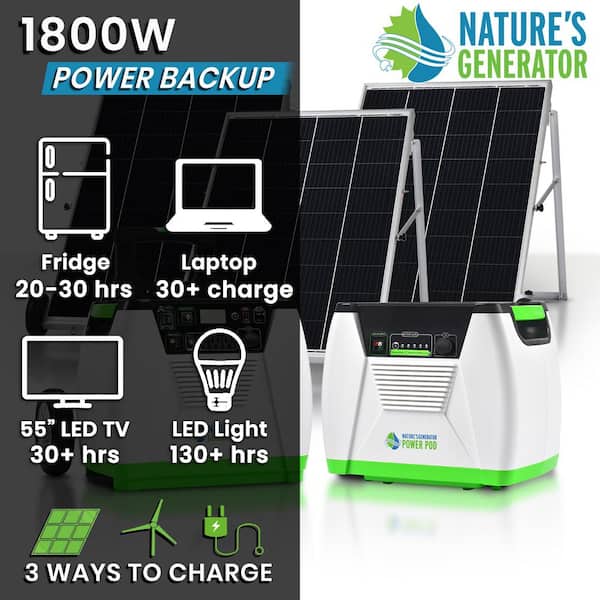 1800-Watt/2880W Peak Push Button Start Solar Powered Portable Generator with Power Pod and Three 100W Solar Panels