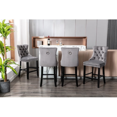 Velvet Bar Stools Set of 2, Upholstered Counter Height Bar Chair with Rivet and Button Trim, Bar Stool with Back and Footrest, for Dining Room, Kitchen, Pub, Gray