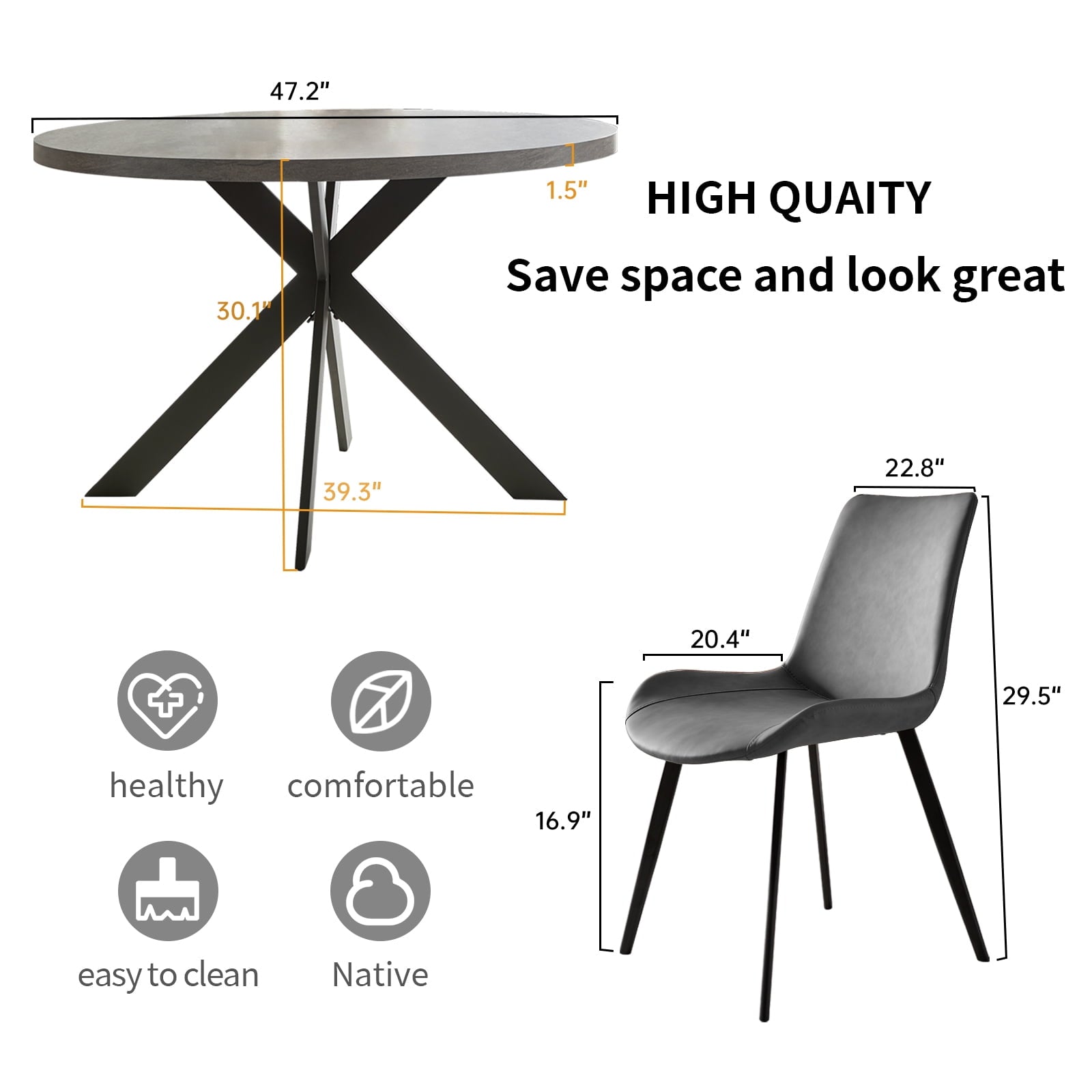 Round Dining Table Set, Mid Century Modern Round Dining Table 47 INCH, Leisure Coffee Table, Saving Space (Grey)