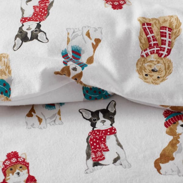 Company Cotton Classy Dogs Velvet Flannel White Multi Cotton Queen Sheet Set