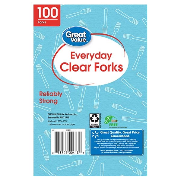 Great Value Everyday Disposable Plastic Forks, Clear, 100 Count