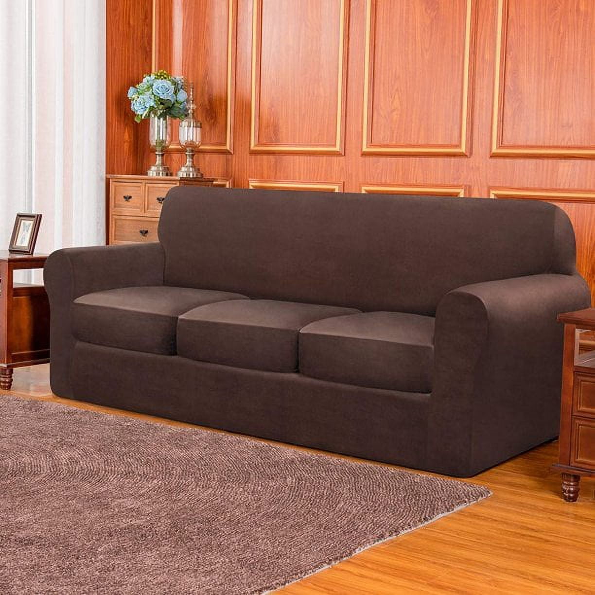 Subrtex 4-Piece Velvet Plush Stretchy Sofa Slipcover with Separate Cushion Covers (Chocolate, Sofa)