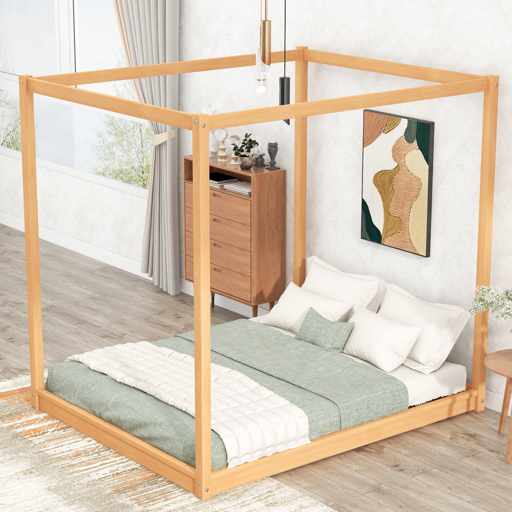 Wood Queen Size Canopy Platform Bed with Support Frame for Bedroom, Natural