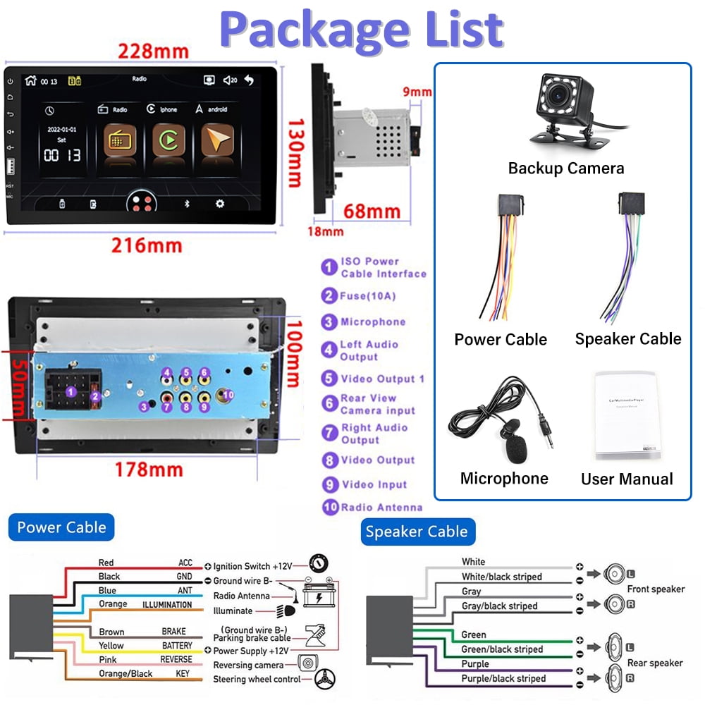 Podofo Single Din Car Stereo Radio 9'' Touch Screen Carplay Universal Car Multimedia Player with Bluetooth FM Radio Receiver Mirror Link with 12 Leds Backup Camera