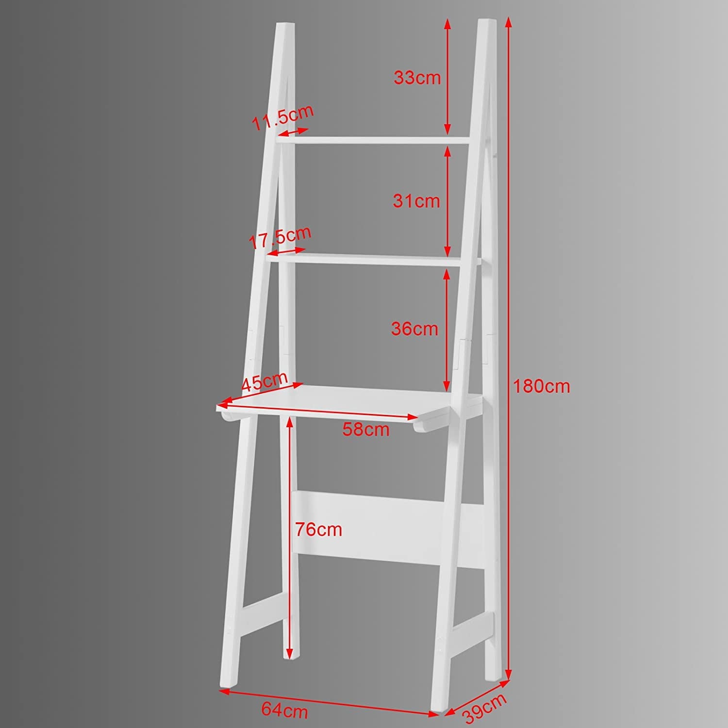 Haotian FRG60-W, White Ladder Shelf Desk, Bookcase, Book Shelf, Leaning Desk With Shelves, Wall Shelf
