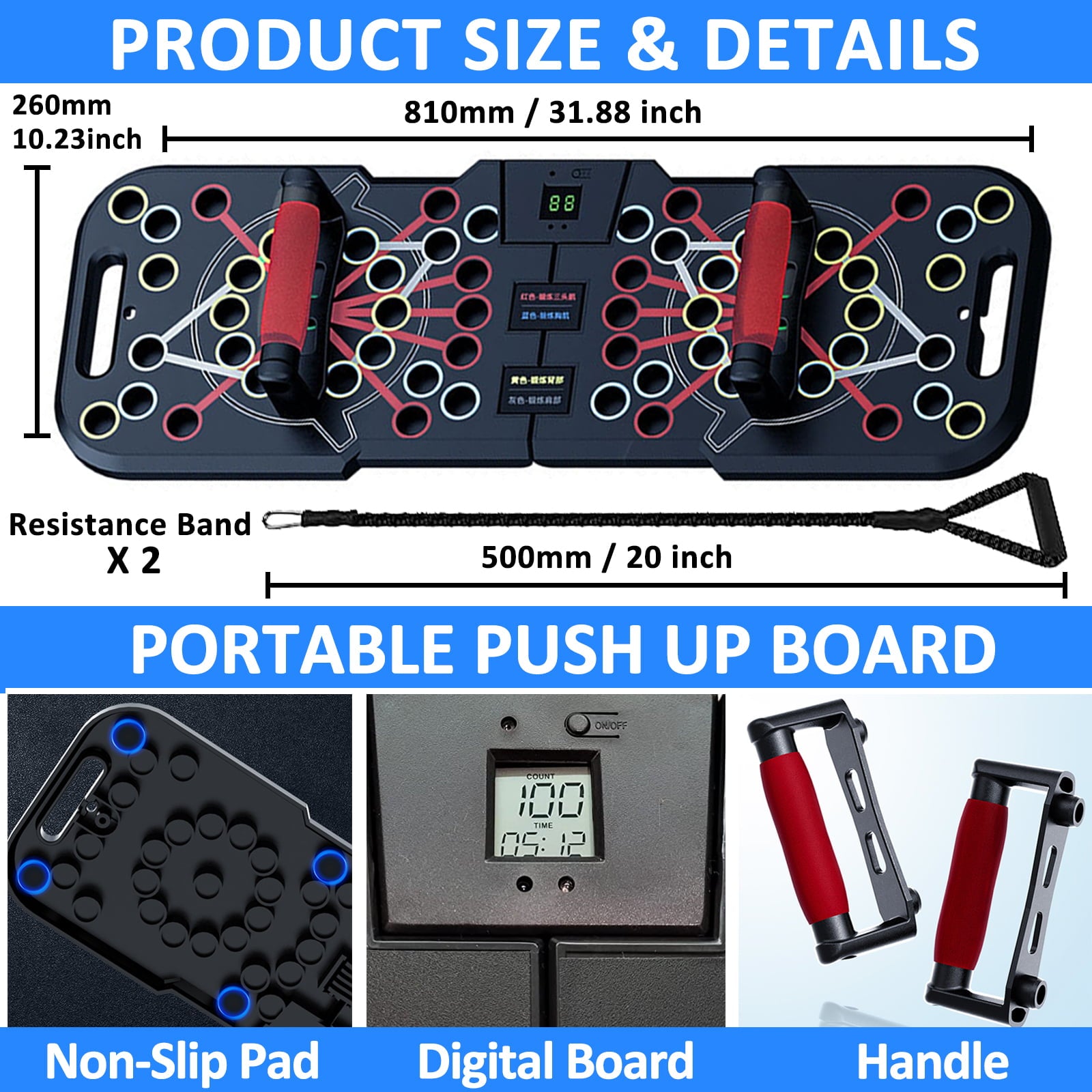 Push Up Board Exercise Equipment, Push Up Rack Bar Portable Fitness Workout Home Gym with 2 Resistance Bands, All-In-One Pushup Stand for Floor Exercise Grip Chest Back Sholders Arm