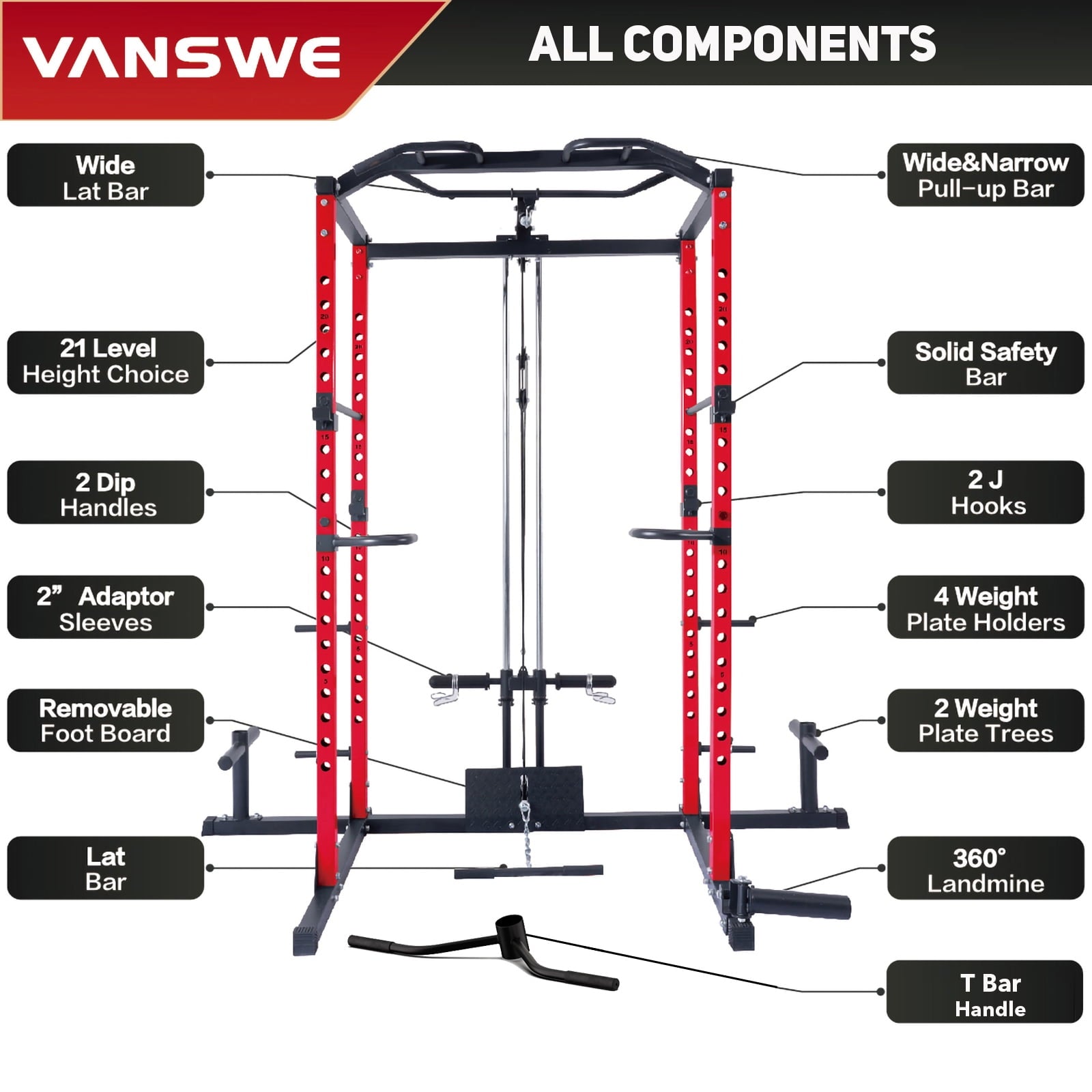 Vanswe Power Cage with LAT Pulldown Attachment,  1000-Pound Power Rack Home Gym