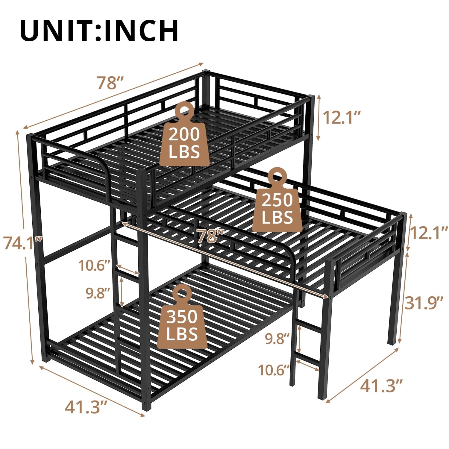 L-Shaped Triple Bunk Bed, Twin Size Metal Bunk Bed for 3 with Long and Short Ladders, Space-Saving Loft Bunk Bed with Full-Length Guardrails for Boys Girls, No Box Spring Needed, Noise Free, Black