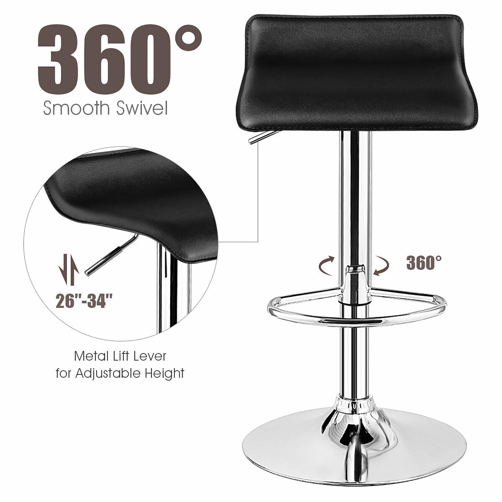 Costway Set of 2 Swivel Bar Stool PU Leather Adjustable Kitchen Counter Bar Chairs Black Low Back