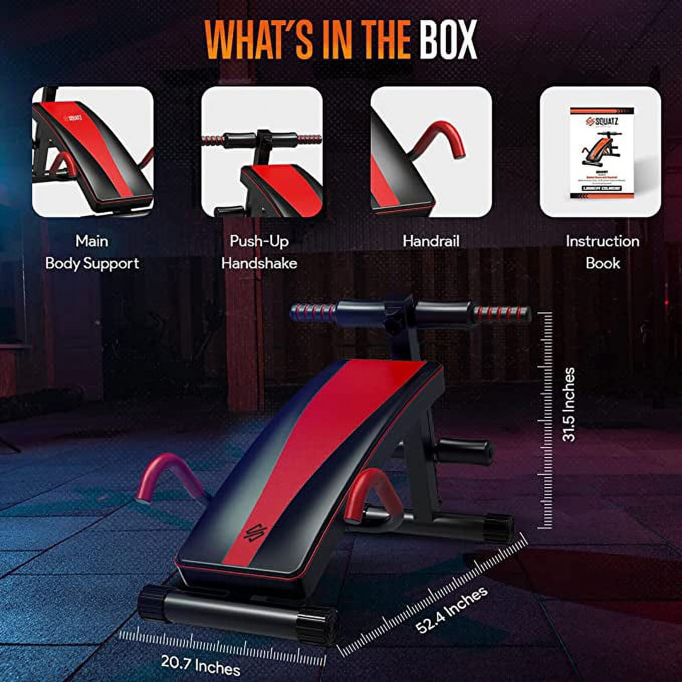 Squatz adjustable Sit-up Bench - Supine Board With Handrail for Abdominal Training, Five Adjustment Levels