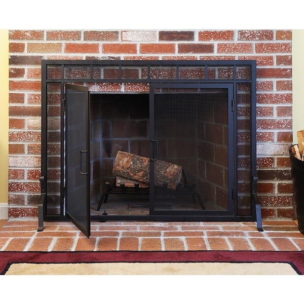 44 in. L Matte Black 1-Panel Sidelight Classic Fireplace Screen with Doors