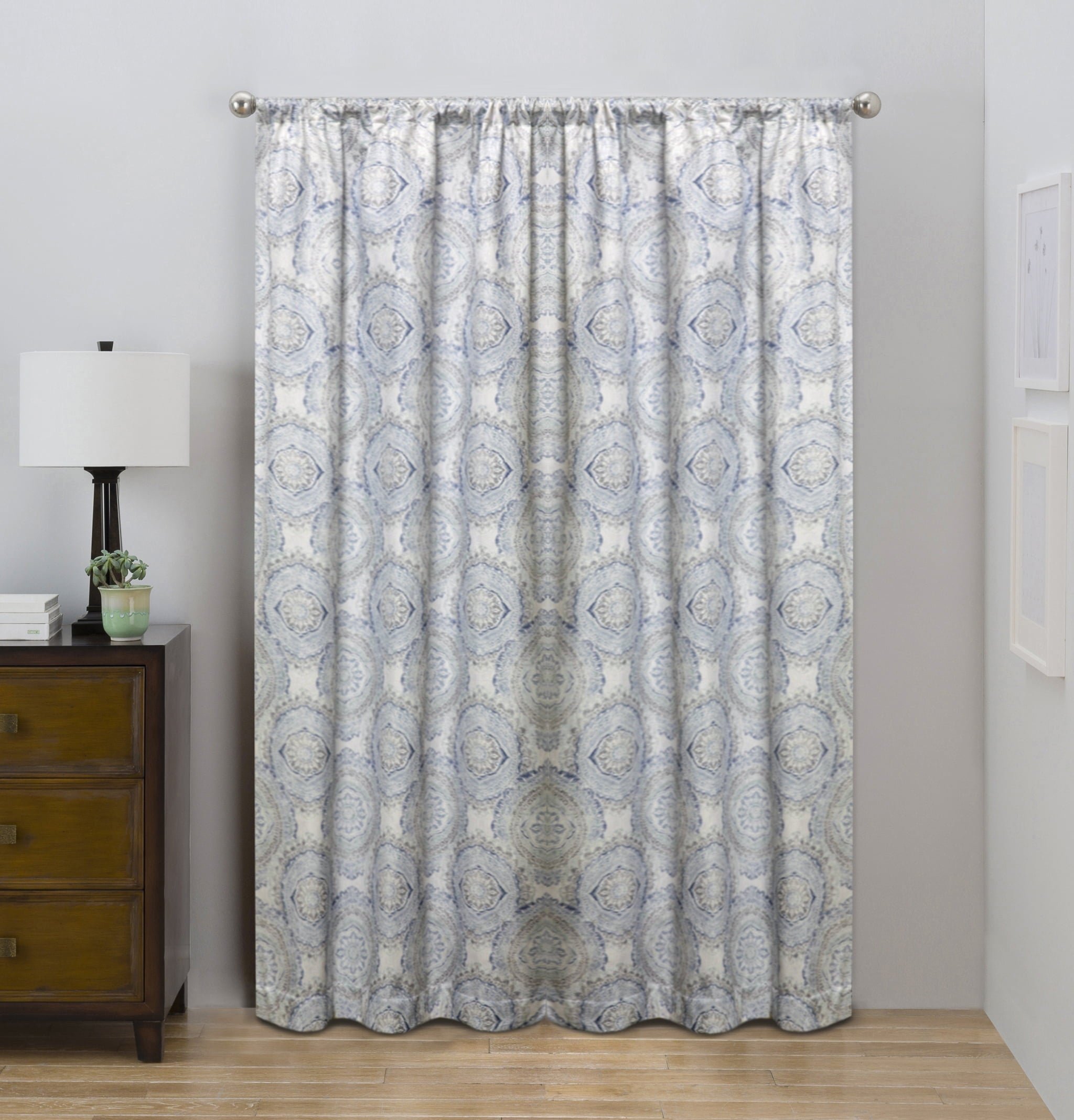 Eclipse Draft Stopper Medallion Print Room Darkening Fleece Lined Rod Pocket Single Curtain Panel, Blue, 42 x 84