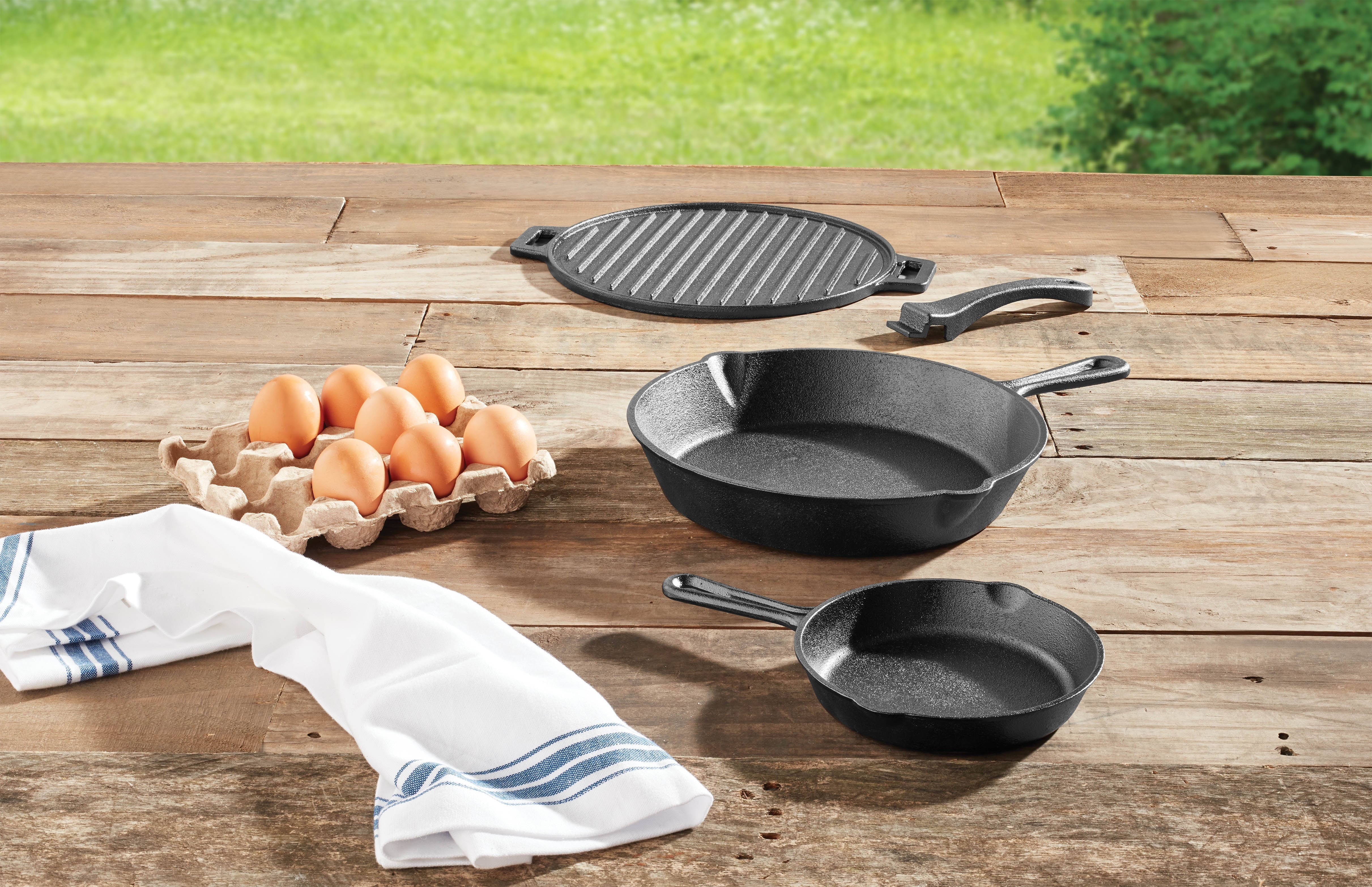 Ozark Trail 4-Piece Cast Iron Skillet Set with Handles and Griddle, Pre-Seasoned, 6