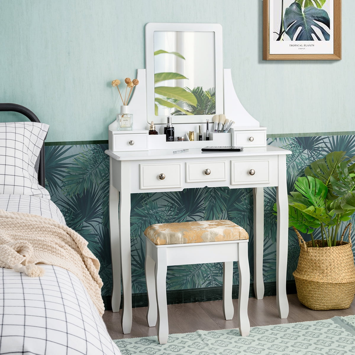 Gymax Vanity Set Makeup Dressing Table & Stool w/5 Drawers White