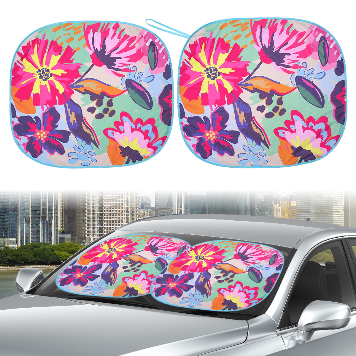 Auto Drive Sedan SUV Hatchback Windshield Floral Design Twist Sun Shade 1 Pair, 28.5