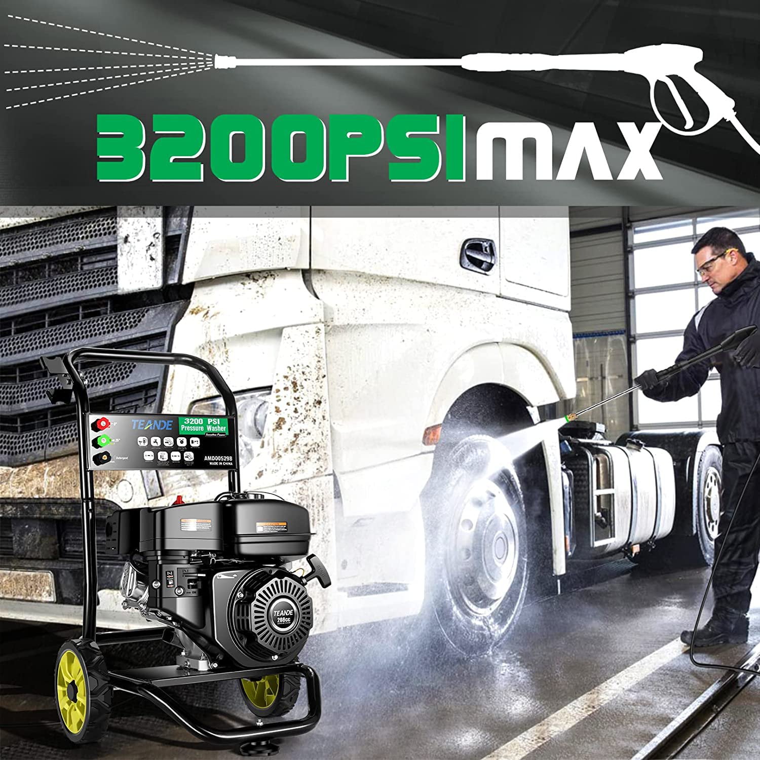 TEANDE Gas Pressure Washer Powered, 2.6 GPM 209cc 7.0 HP Power Washer with 3 Quick-Connect Nozzles, 25’ Hose for Cars, Driveway, Patio, Siding, Fence Cleaning