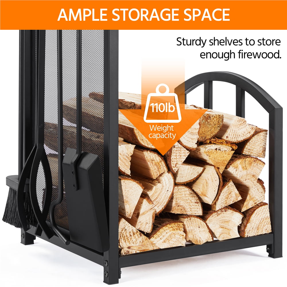 Topeakmart Firewood Rack Firewood Log Holder Rack Fireplace Tool Rack with 4 Tools, Black