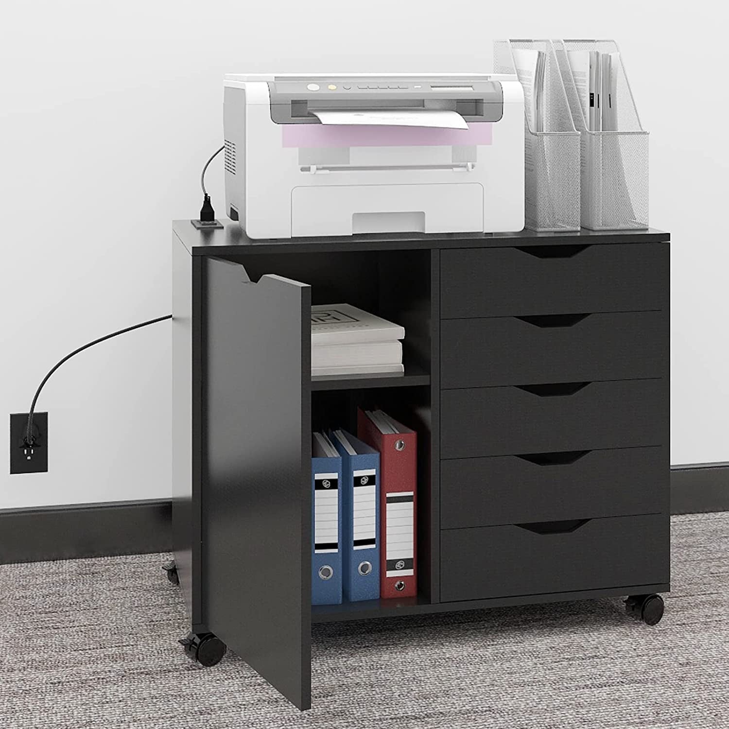 Natwind 5-Drawer Mobilable Wood Printer Stand with Charging Station，Cart File Storage Cabinets with Socket and Door Home Office Lateral Filing Cabinet(white)