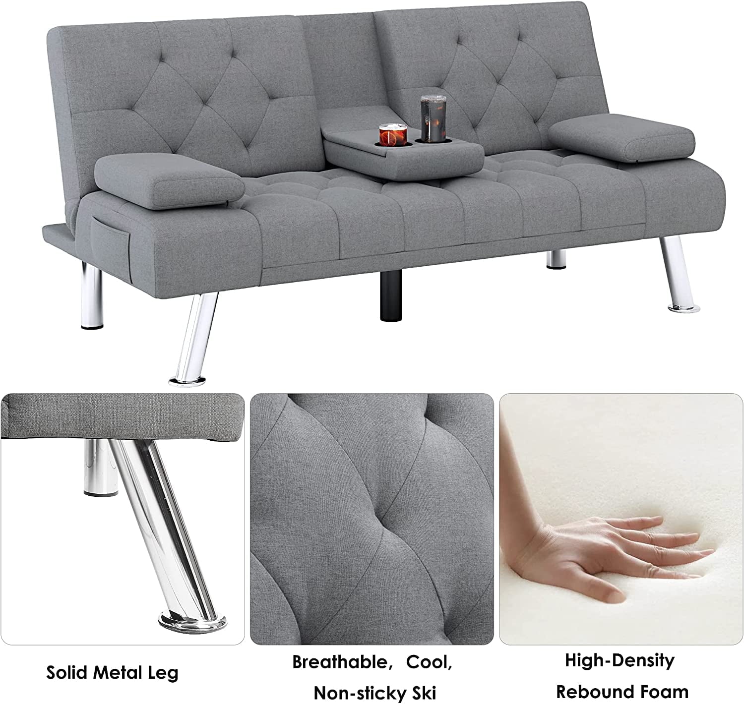 Homfa Convertible Futon Sofa Bed, 66.3'' Upholstered Removable Armrests,Gray Finish