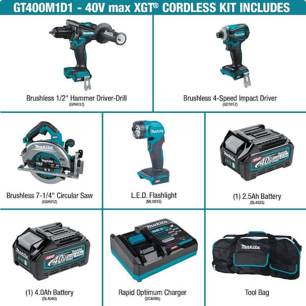 40V Max XGT Brushless Cordless 4-Piece Combo Kit (Hammer Driver-Drill/Impact Driver/Circ Saw/Flashlight) 2.5Ah/4.0Ah