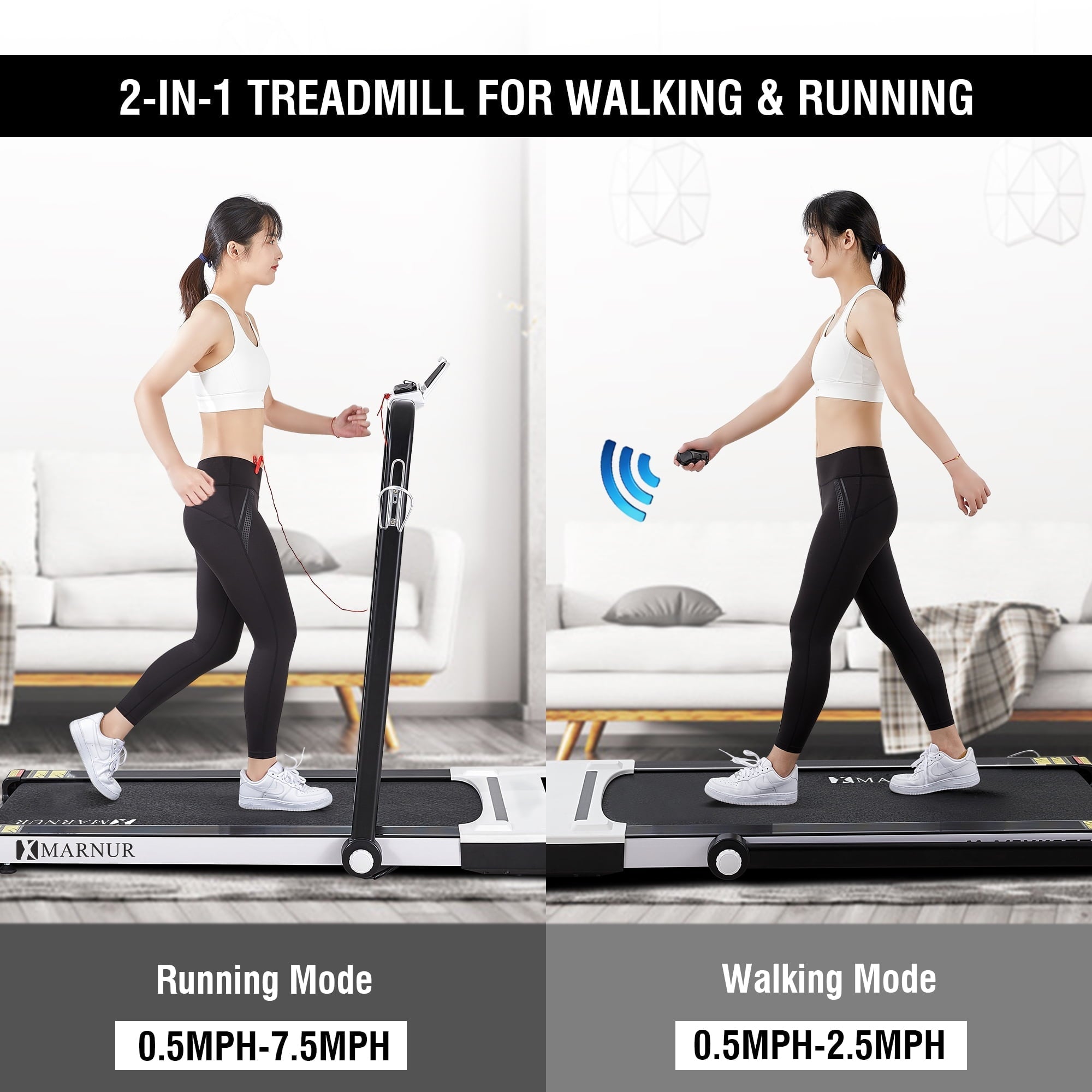 MARNUR 2 in 1 Folding Treadmill 2.2HP Under Desk Treadmill for Fitness with LED Display, Remote Control, Walking Jogging Running Exercise Machine for Home Office, Maximum Weight 220 lbs