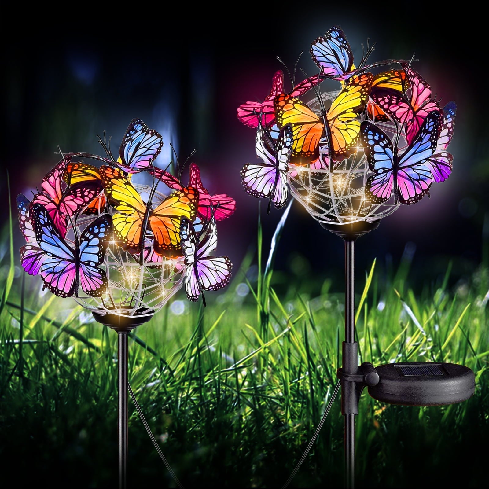 Rirool Decorative Solar Garden Lights Outside, 2 Pack Waterproof Solar Stake Lamp with Solar Panel, Multicolored Butterfly Ball Landscape Lights for Yard Patio Lawn Party Decor