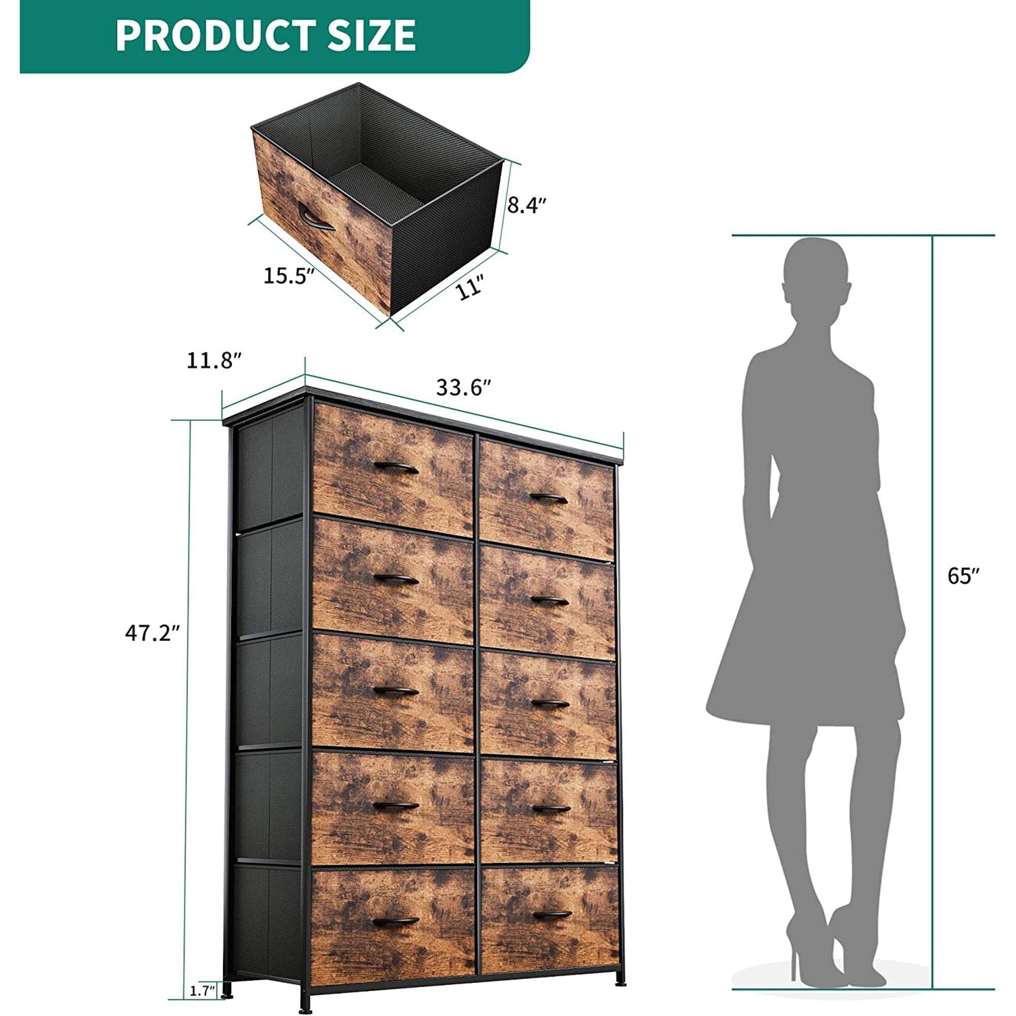 Dextrus Tall 10 Drawer, Fabric Storage Tower-Organizer Unit for Bedroom, Living Room, Hallway, Closets & Nursery Dresser, Rustic Brown