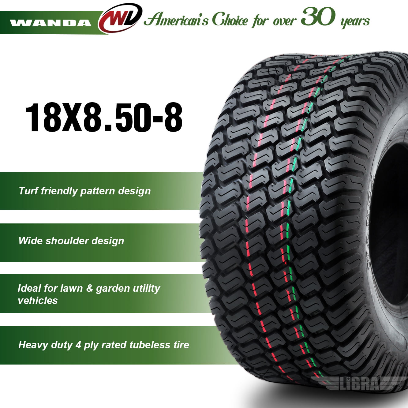 2 New WANDA 18x8.50-8 Lawn Mower Utility/Golf Cart Turf Tires P332 -13028