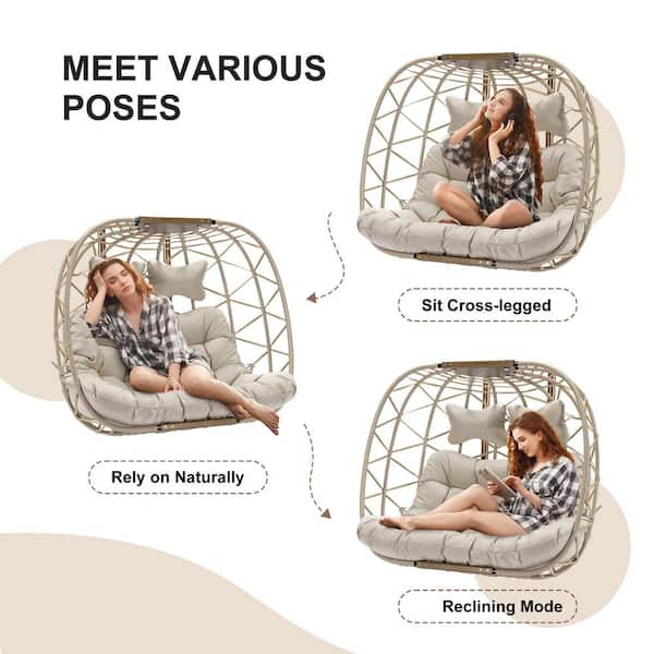 Large 2 Person 510 lbs. Beige Wicker Double Swing Egg Chair with Gold Stand and Beige Cushions