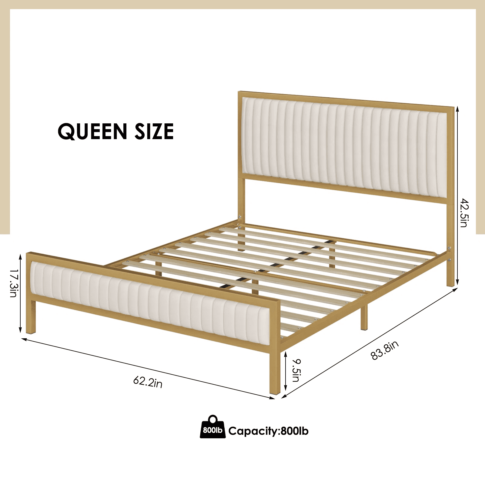 Homfa Queen Size Bed Frame, Golden Metal Platform Bed Frame with Velvet Upholstered Headboard,  Beige