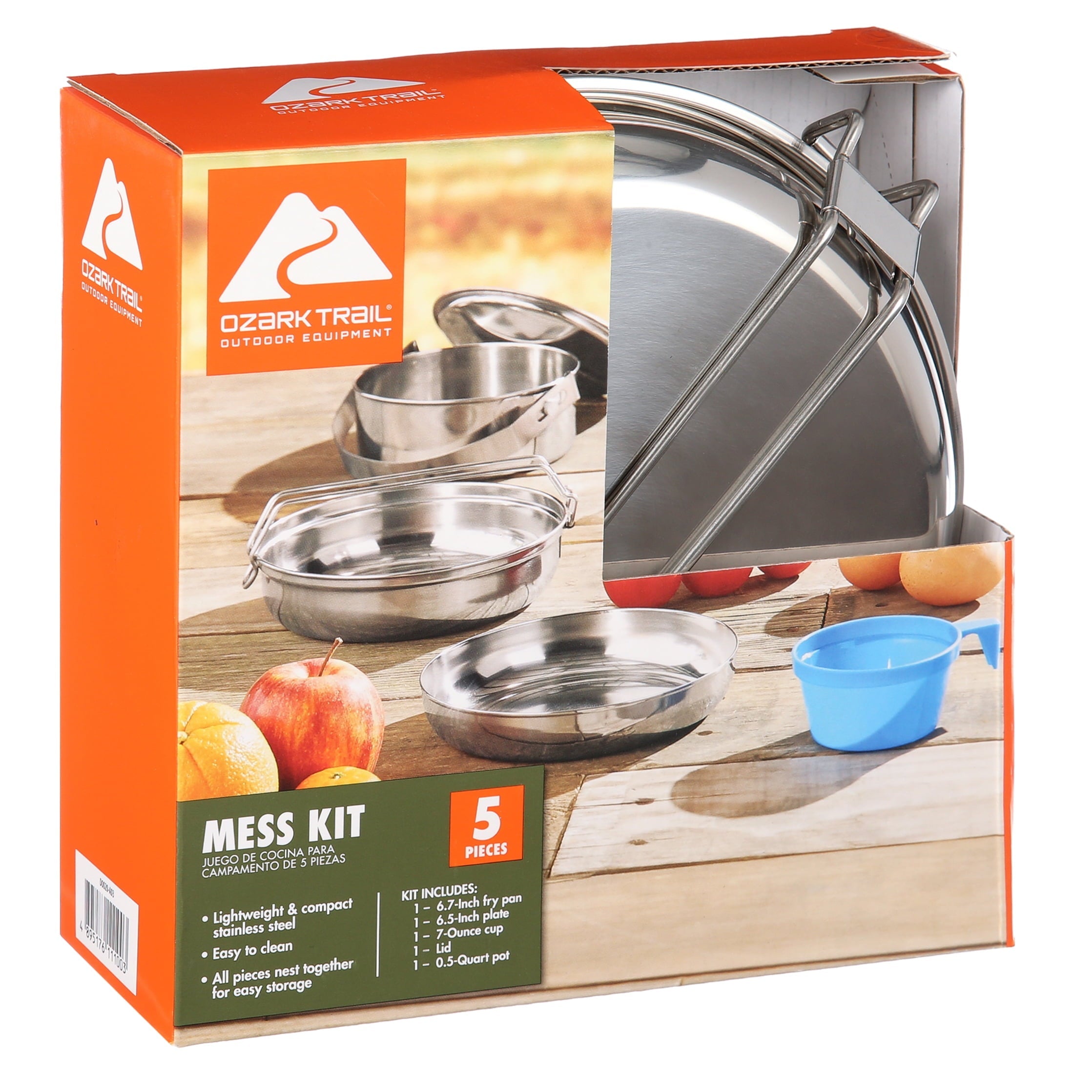 Ozark Trail Space-Saving 5-Piece Cookware Mess Kit, Stainless Steel and Plastic