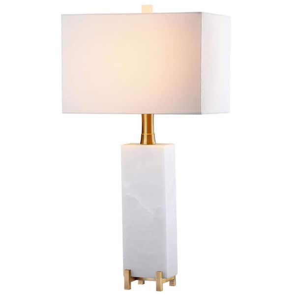 Sloane Alabaster 30 in. White/Brass Gold Table Lamp with Off-White Shade