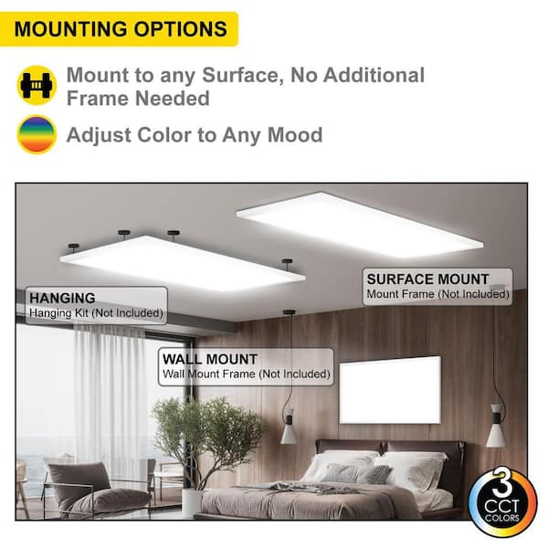 1 ft. x 4 ft. LED Thin Flush Surface Mount Panel W/Built in Internal Driver, 5 CCT 2700K to 5000K, Dimmable, (2-Pack)