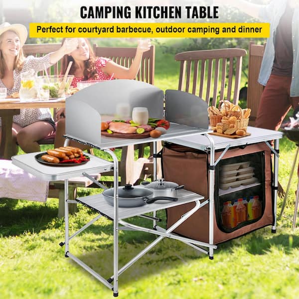 Camp Kitchen Table 2-Tier Kitchen with Zippered Bag Portable Folding Cook Table for BBQ, Party and Camping, Brown