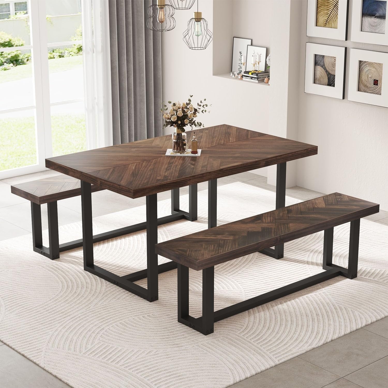 ChVans 60 inch Modern Farmhouse Solid Wood Dining Table for 4 to 6, Rectangular Kitchen and Dining Table with Metal Frame, Rustic Breakfast Table for Living, Dining Room(Brown+Pattern-60 in Dining Table)