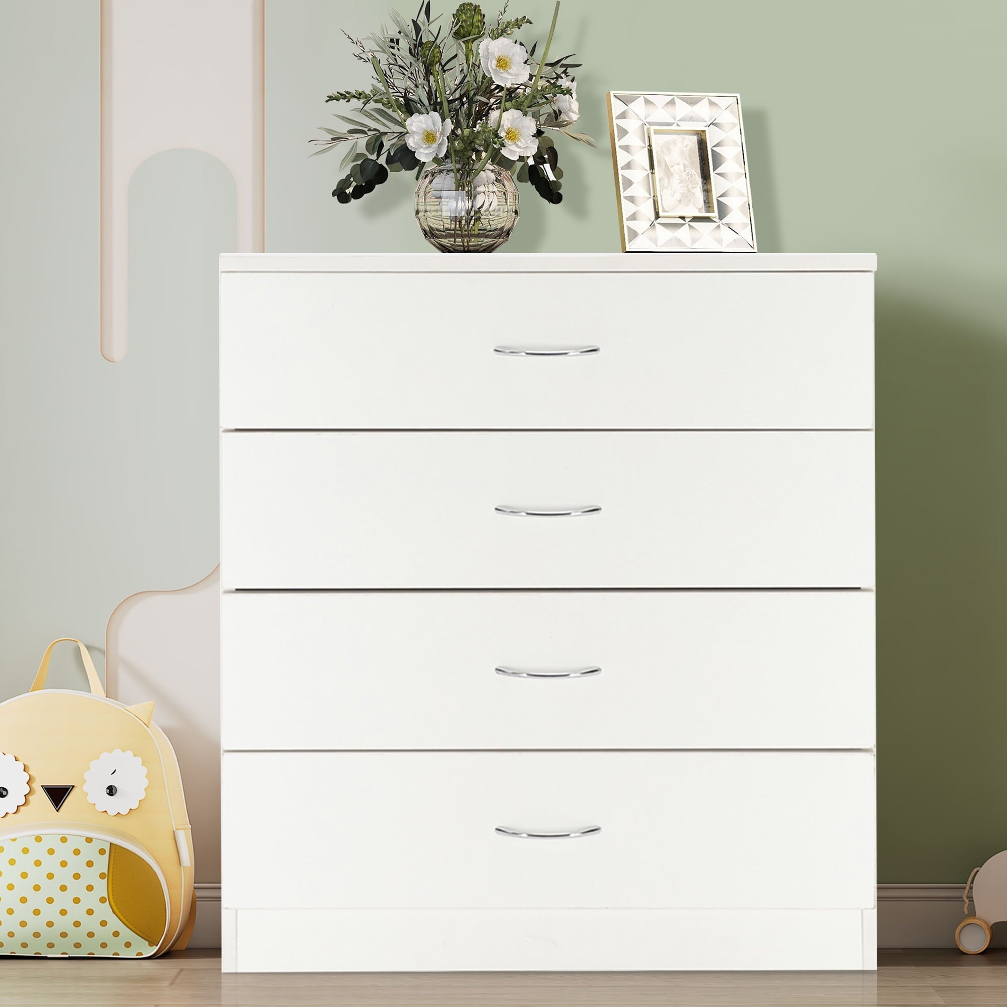 BTMWAY 4 Drawers Chest of Drawers, Wooden Chest of Drawers Storage Cabinet, Heavy Duty Wood Dresser Chest Cabinet for Bedroom, 25.98'' x 14'' x 22.05'', White