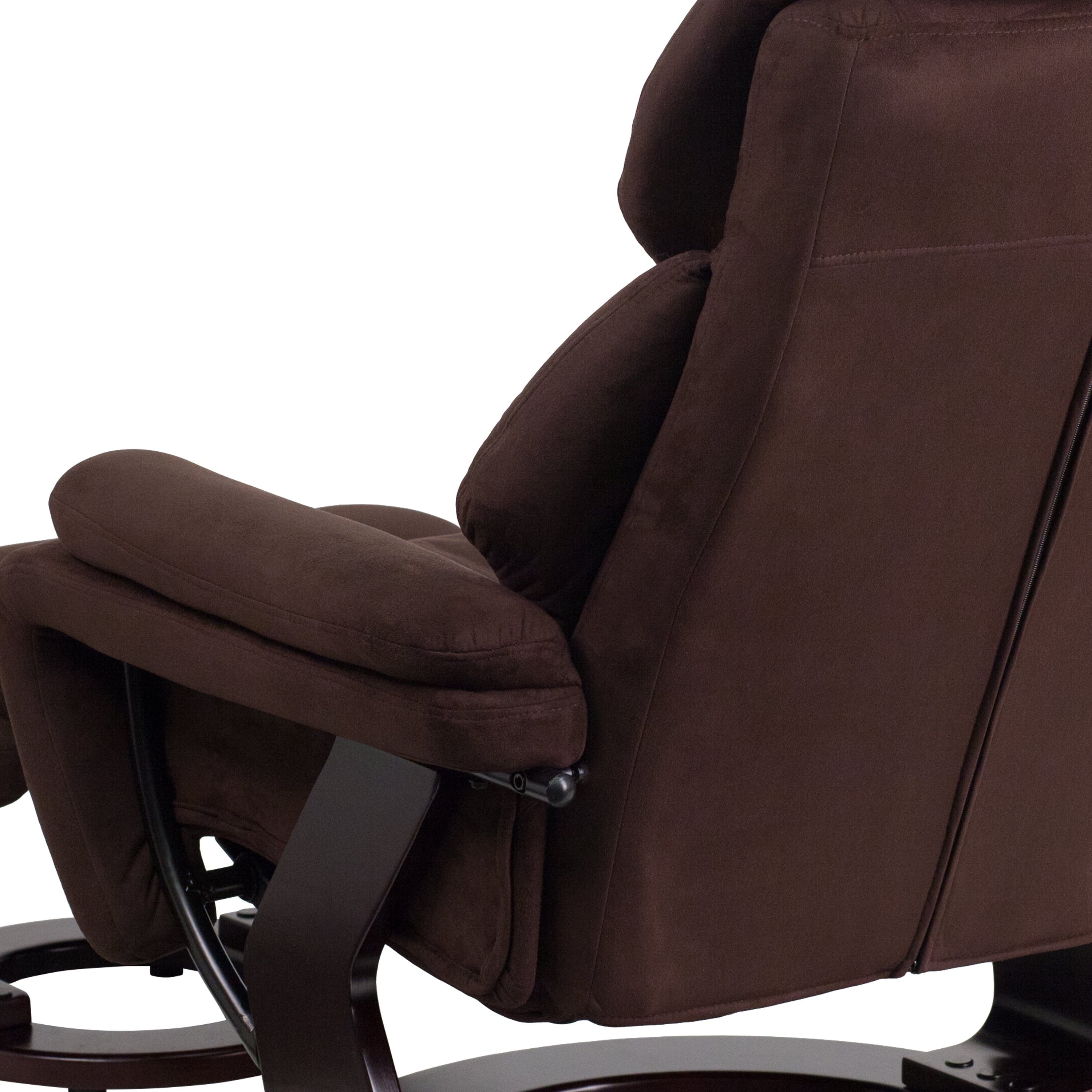 Emma + Oliver Multi-Position Recliner & Ottoman with Swivel Wood Base in Brown Microfiber