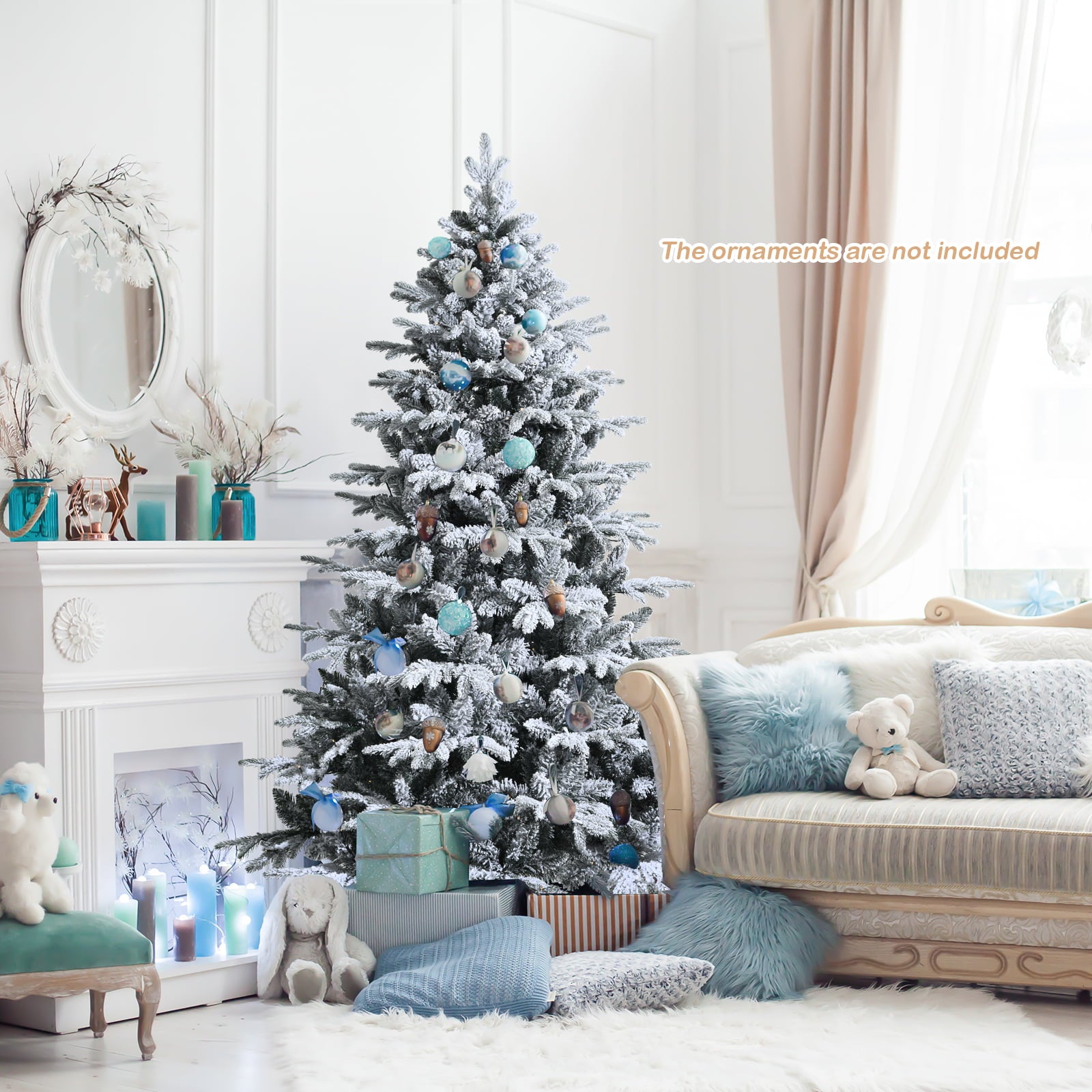 Topbuy 6FT Snow Flocked Christmas Tree, Pre-lit Artificial Xmas Tree w/ 260 LED Lights & 1415 PE & PVC Branch Tips