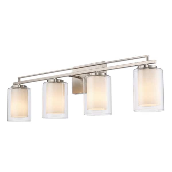Lisbon 32 in. 4-Light Brushed Nickel Bathroom Vanity Light Fixture with Clear Glass Outer and Opal Glass Inner Shades